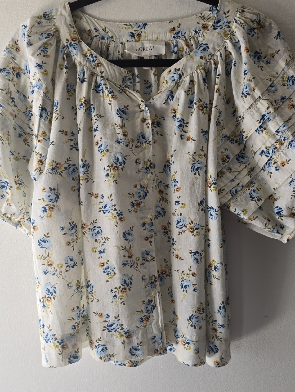 THE GREAT Peasant Style Cream Floral Blouse with Blue and Yellow Accents